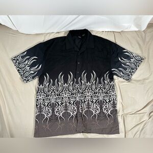 Vintage Amplify Black Flame Button Up Shirt X-Large Y2K Baggy Summer